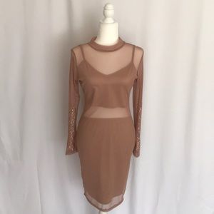 Agaci Sheer Embellished Taupe Mini Dress L